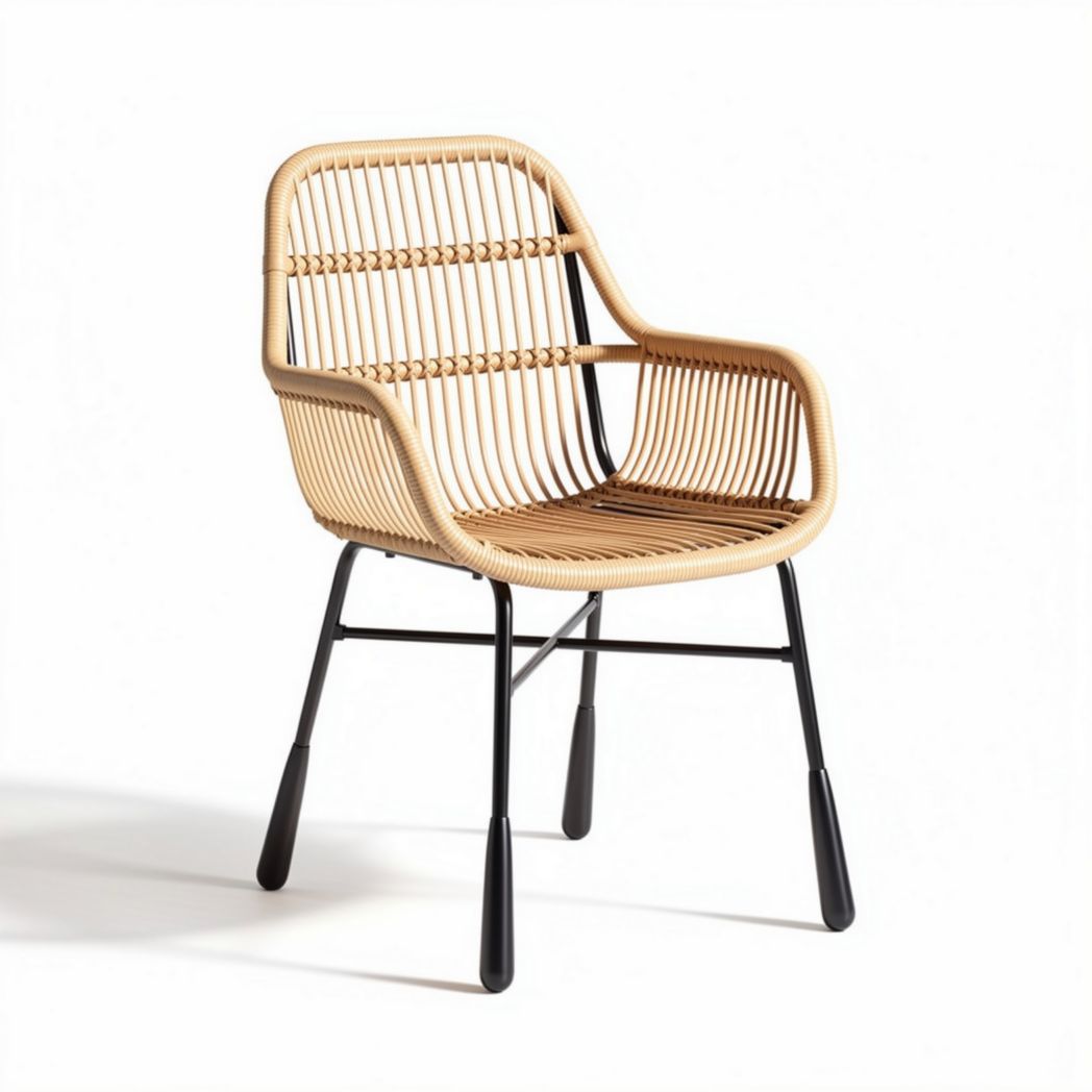 Chaise en rotin tressé couleur naturelle avec structure en métal noir 60 x 60 x 80cm