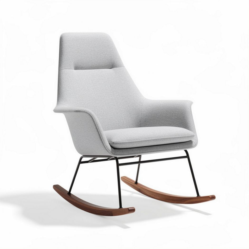Fauteuil à bascule en tissu gris avec structure en métal et accoudoirs ergonomiques