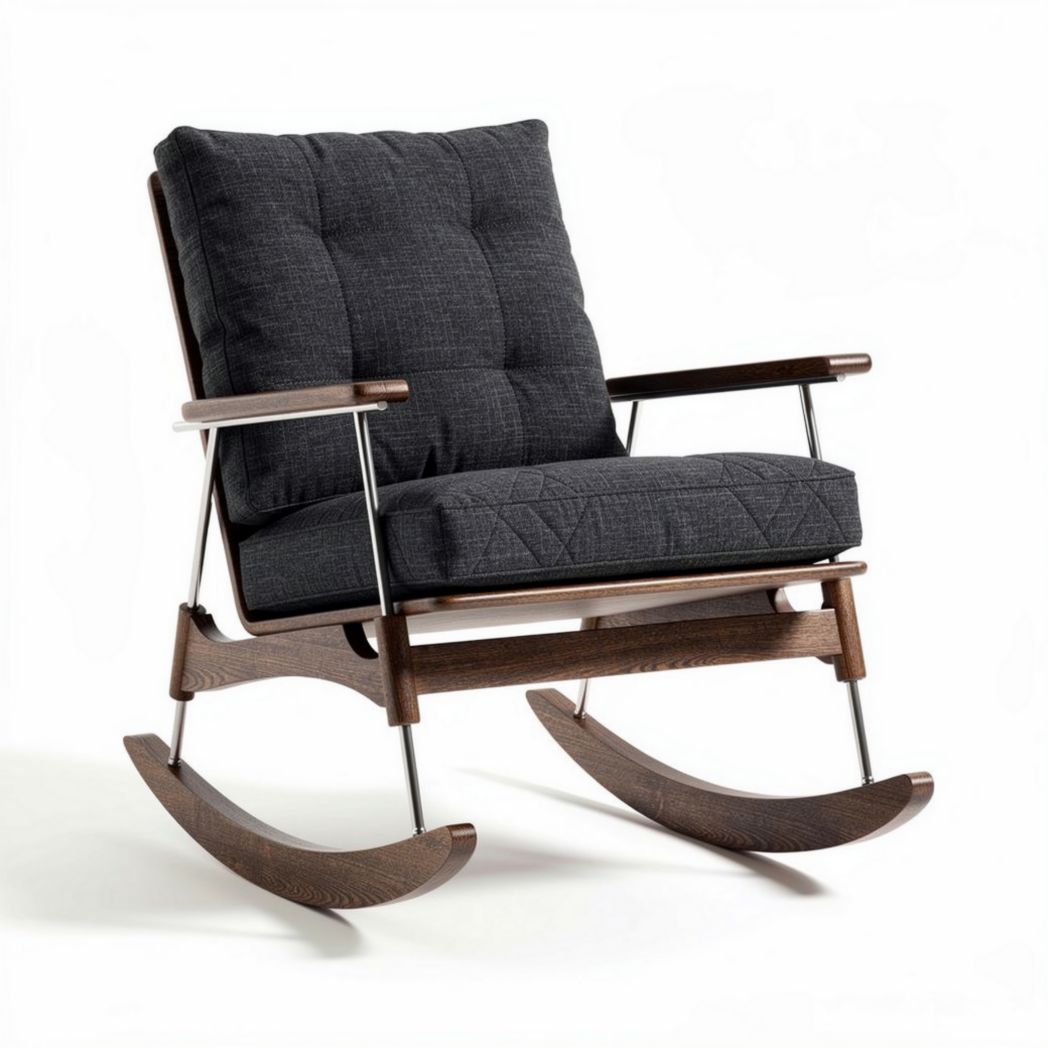 Fauteuil à bascule en bois brun avec coussins en tissu gris 80 x 80 x 90cm