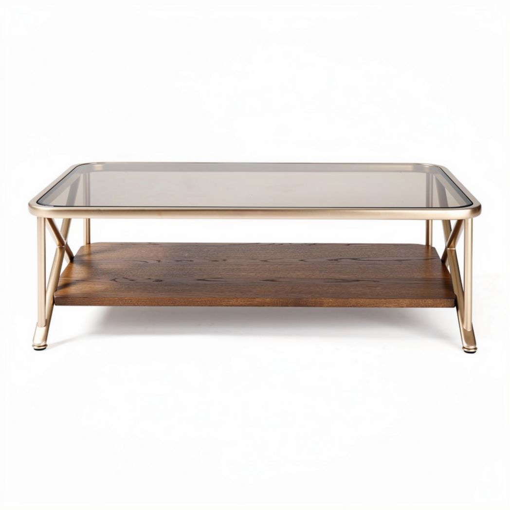 Table basse en verre et bois avec étagère inférieure 120 x 60 x 45cm