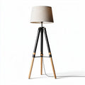 Lampe sur trépied noire et bois hauteur 75cm abat-jour en lin gris