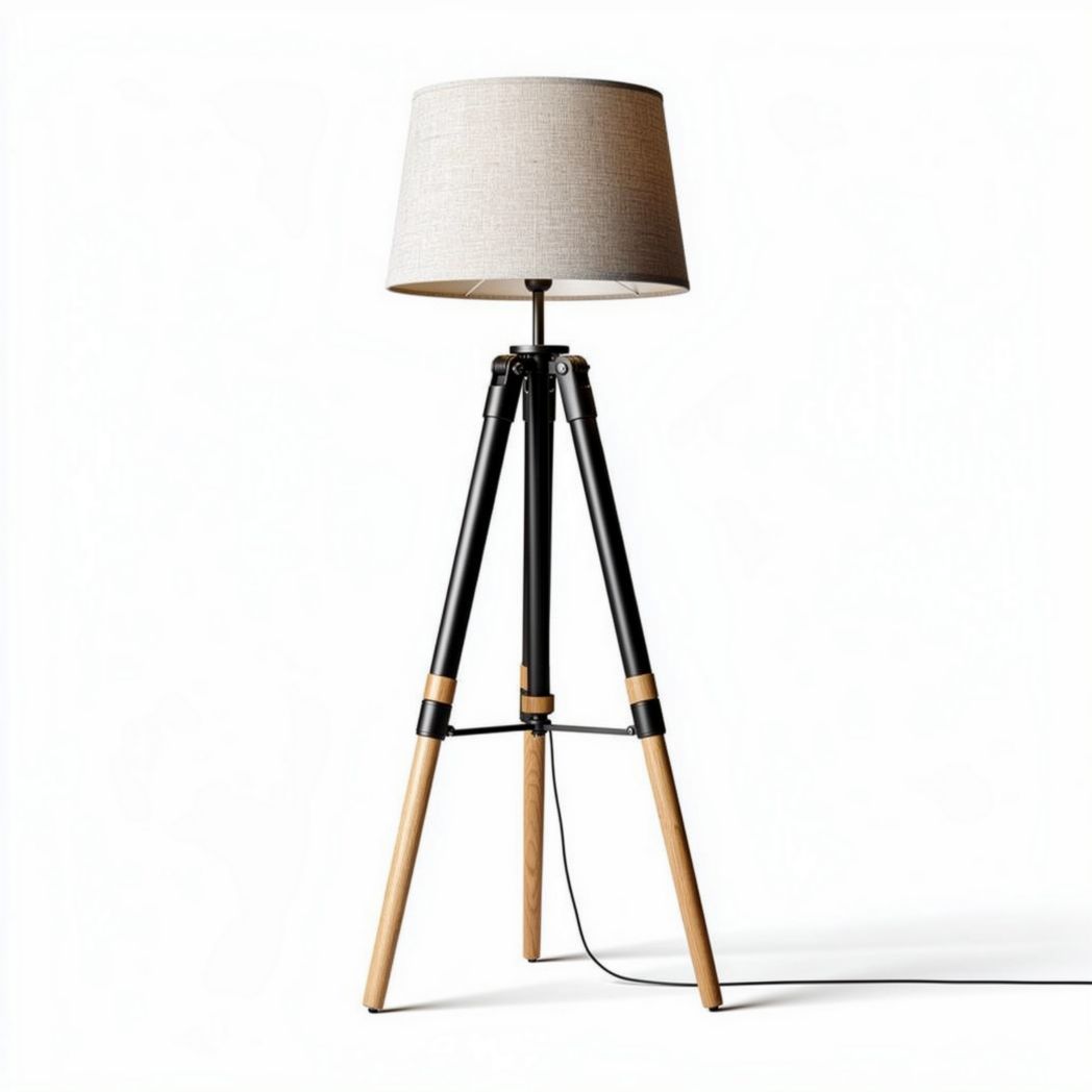 Lampe sur trépied noire et bois hauteur 75cm abat-jour en lin gris