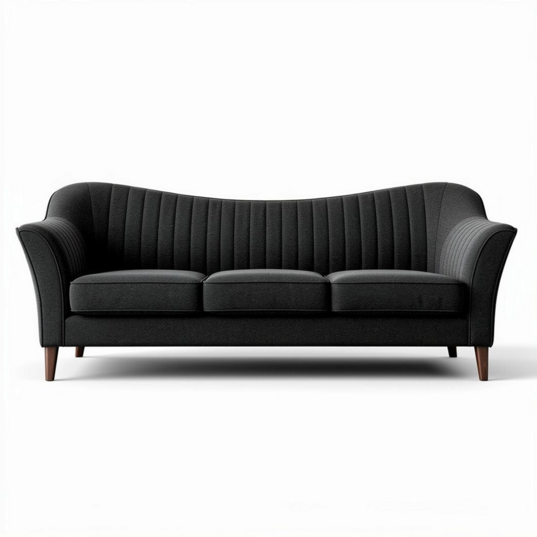 Canape en tissu noir trois places avec accoudoirs en bois 200 x 80 x 90cm
