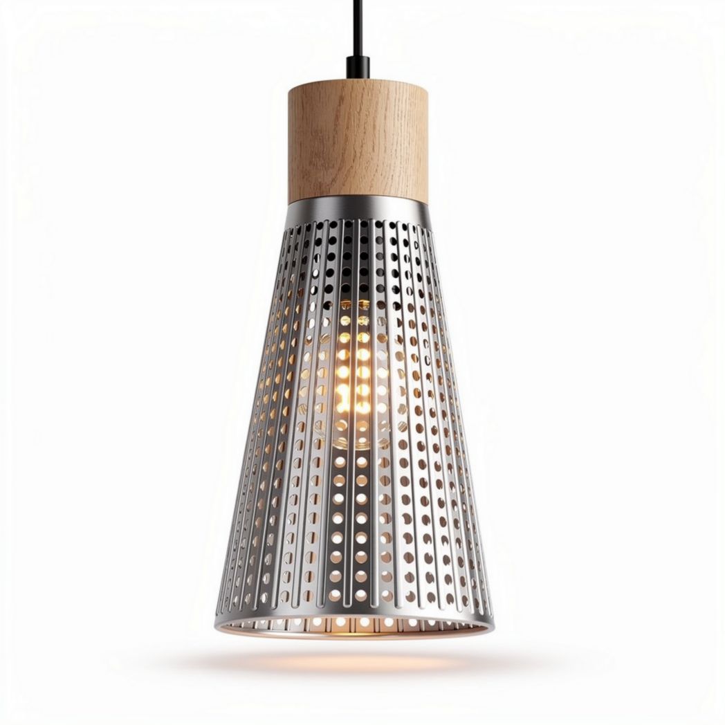 Suspension en métal perforé et bois naturel hauteur 40cm diamètre 25cm