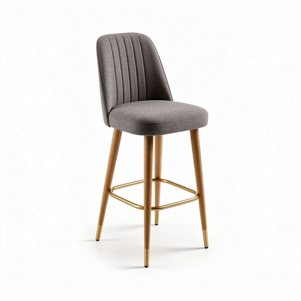 Tabouret de bar en tissu gris avec pieds en bois et accents dorés 45 x 45 x 90cm
