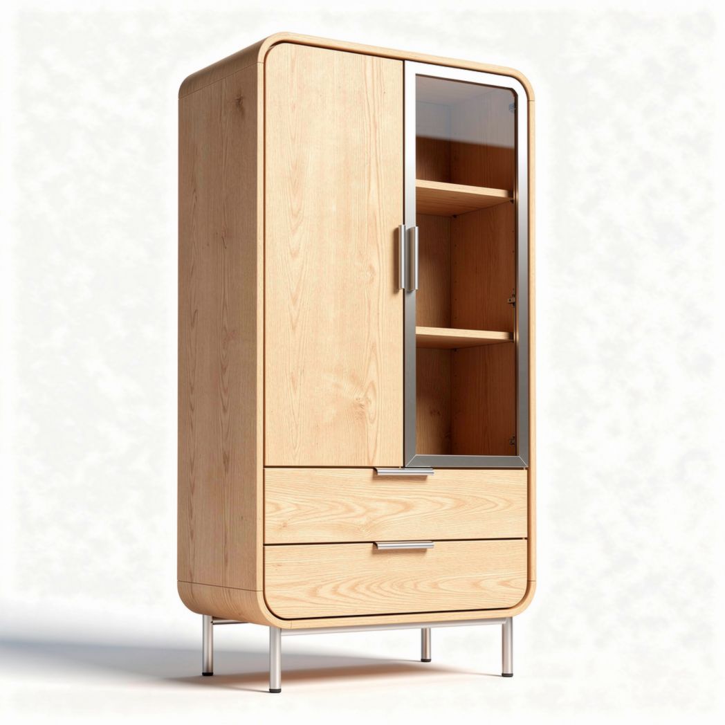 Armoire en bois clair avec portes vitrées et tiroirs dimensions 80 x 40 x 180cm