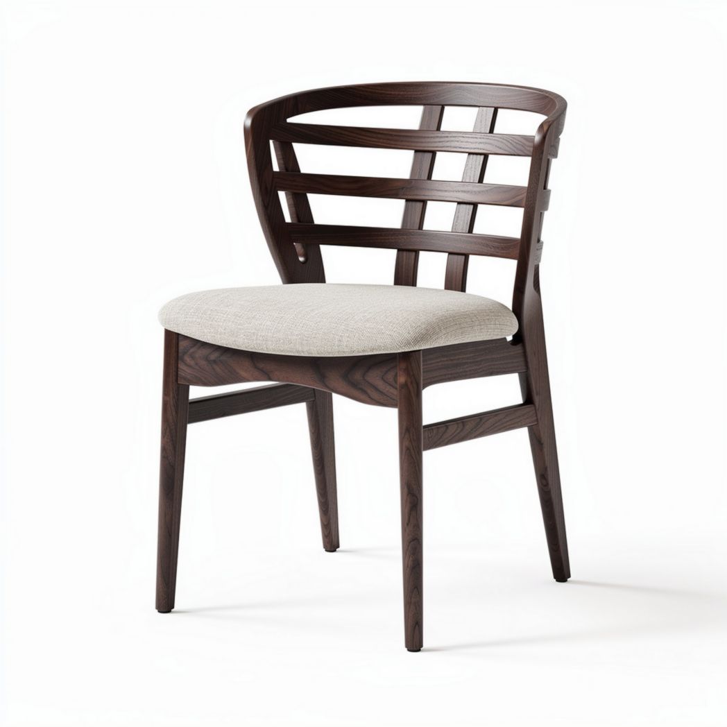 Chaise en bois foncé avec assise en tissu beige dimensions 45 x 50 x 80cm