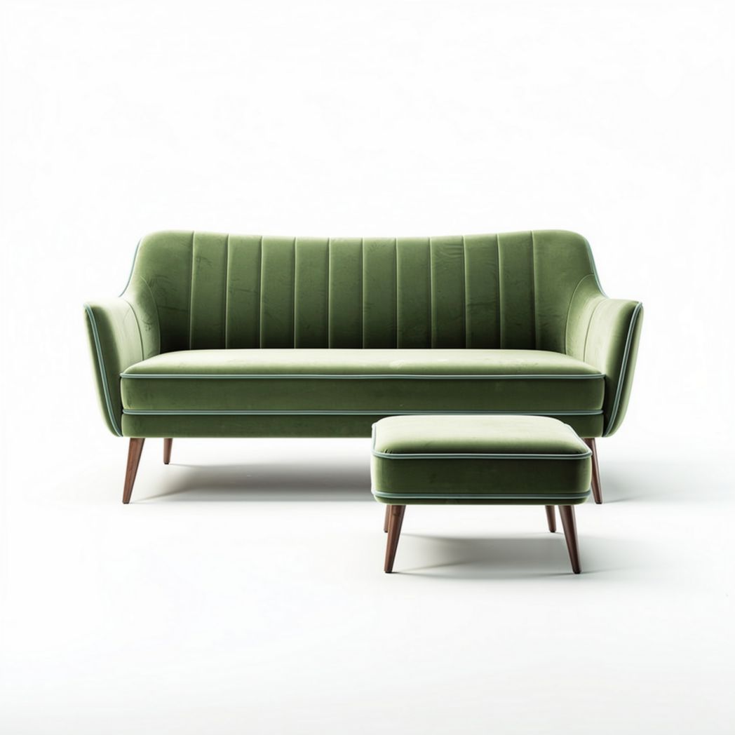 Canapé en velours vert avec pouf assorti dimensions 190 x 80 x 75cm